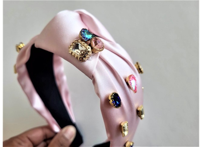Pink Satin Knotted Bejeweled Hairband
